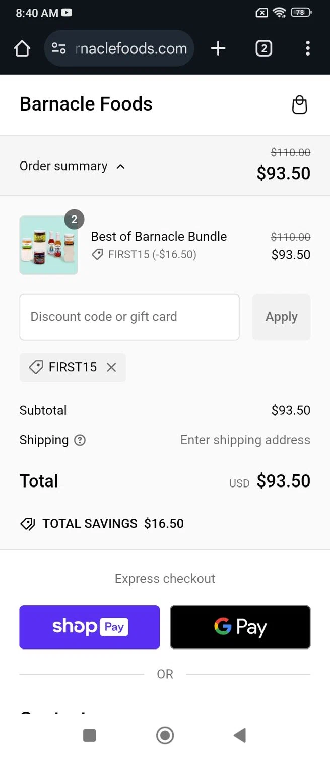 Barnacle Foods discount code screenshot showing code FIRST15 applied at Barnacle Foods checkout page. Uploaded by SimplyCodes community member PromoScout874 on Jan 7, 2025