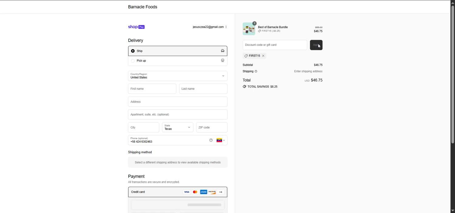 Barnacle Foods discount code screenshot showing code FIRST15 applied at Barnacle Foods checkout page. Uploaded by SimplyCodes community member Raibelys_18 on Jul 22, 2025