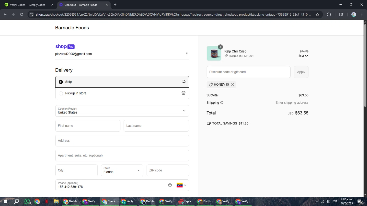 Barnacle Foods discount code screenshot showing code HONEY15 applied at Barnacle Foods checkout page. Uploaded by SimplyCodes community member ShrewdSeeker6165 on Jun 10, 2025