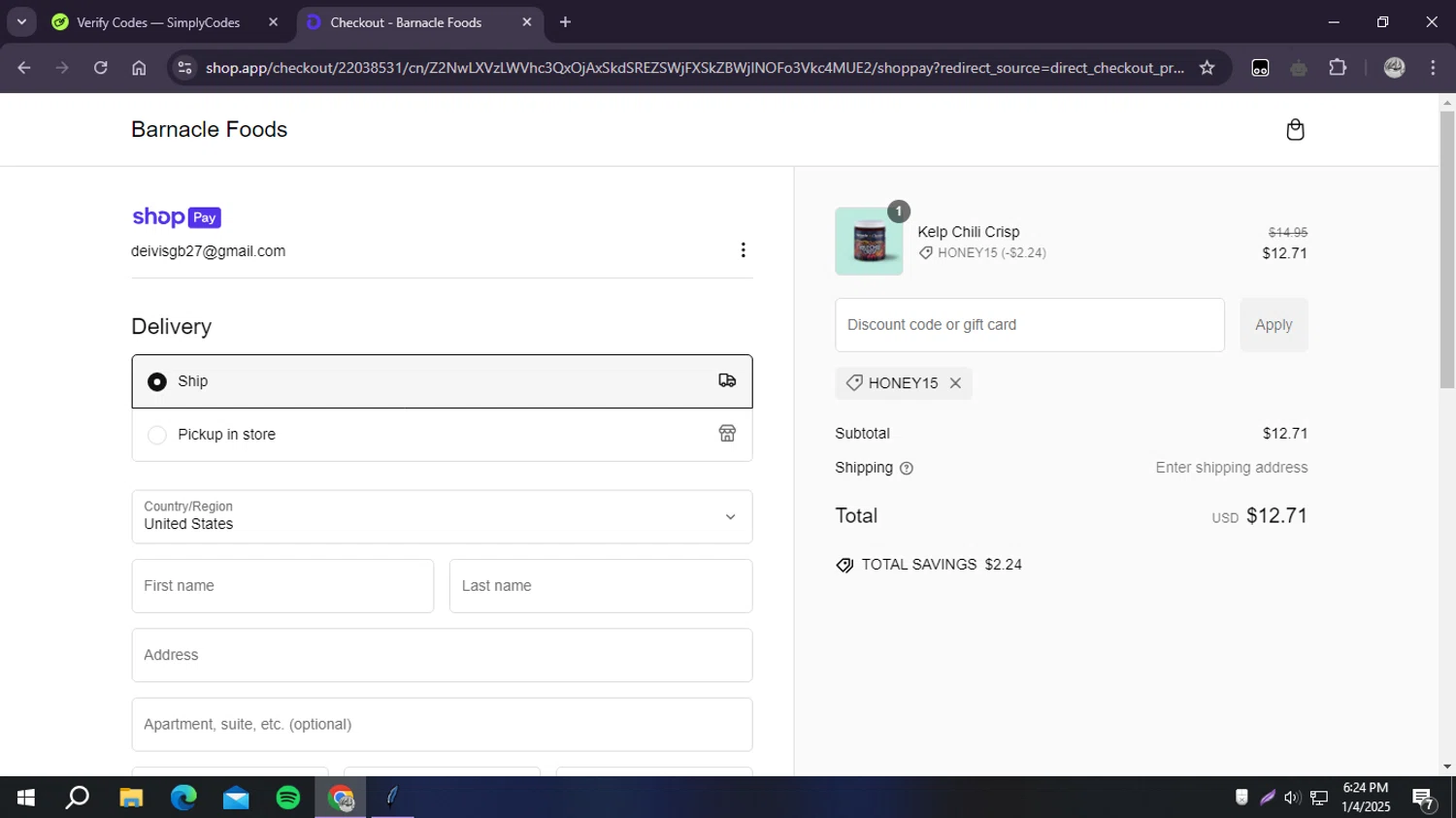 Barnacle Foods discount code screenshot showing code HONEY15 applied at Barnacle Foods checkout page. Uploaded by SimplyCodes community member ELREAL7 on Jan 4, 2025