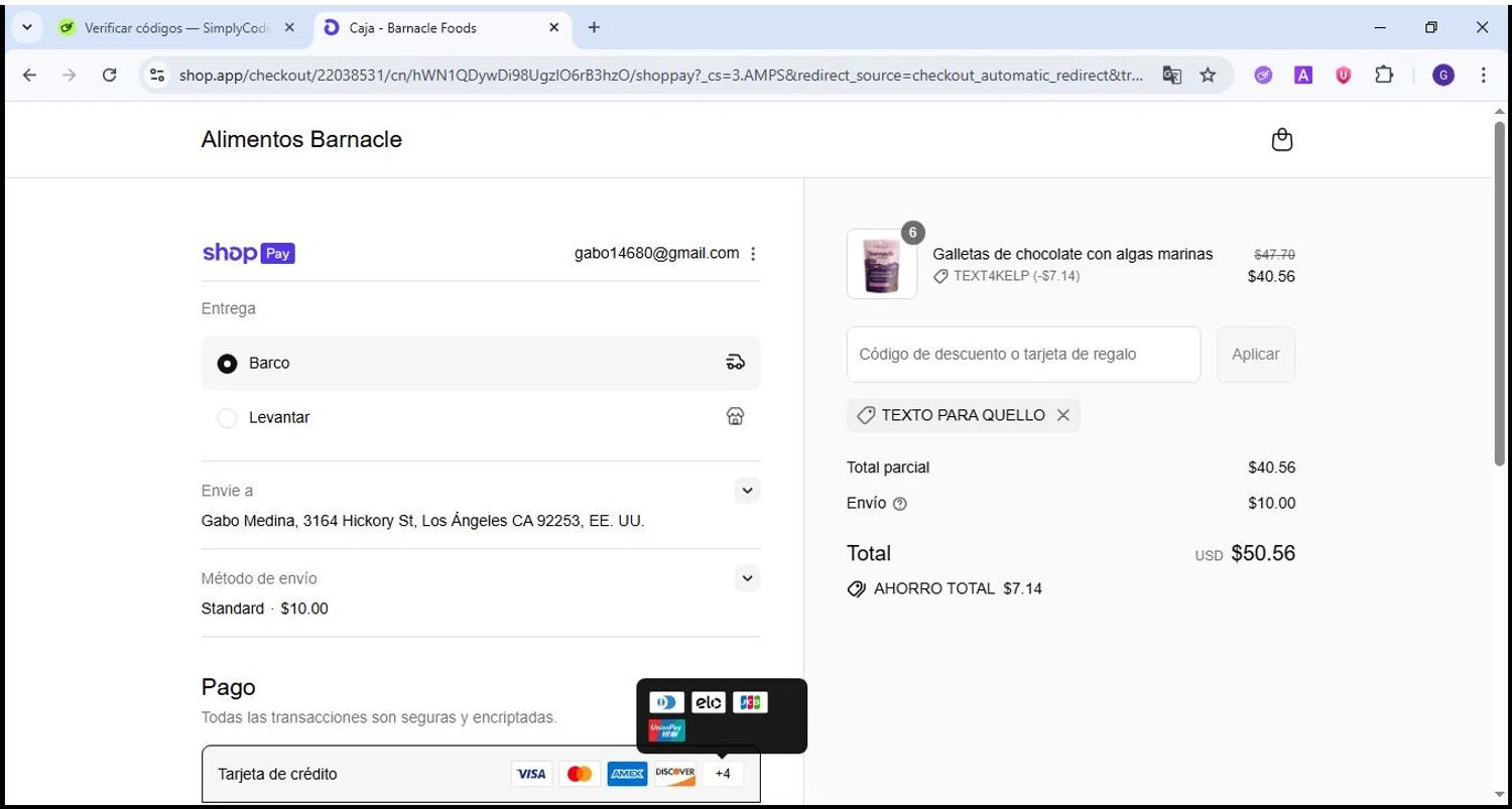 Barnacle Foods discount code screenshot showing code TEXT4KELP applied at Barnacle Foods checkout page. Uploaded by SimplyCodes community member jesus4 on Aug 4, 2025