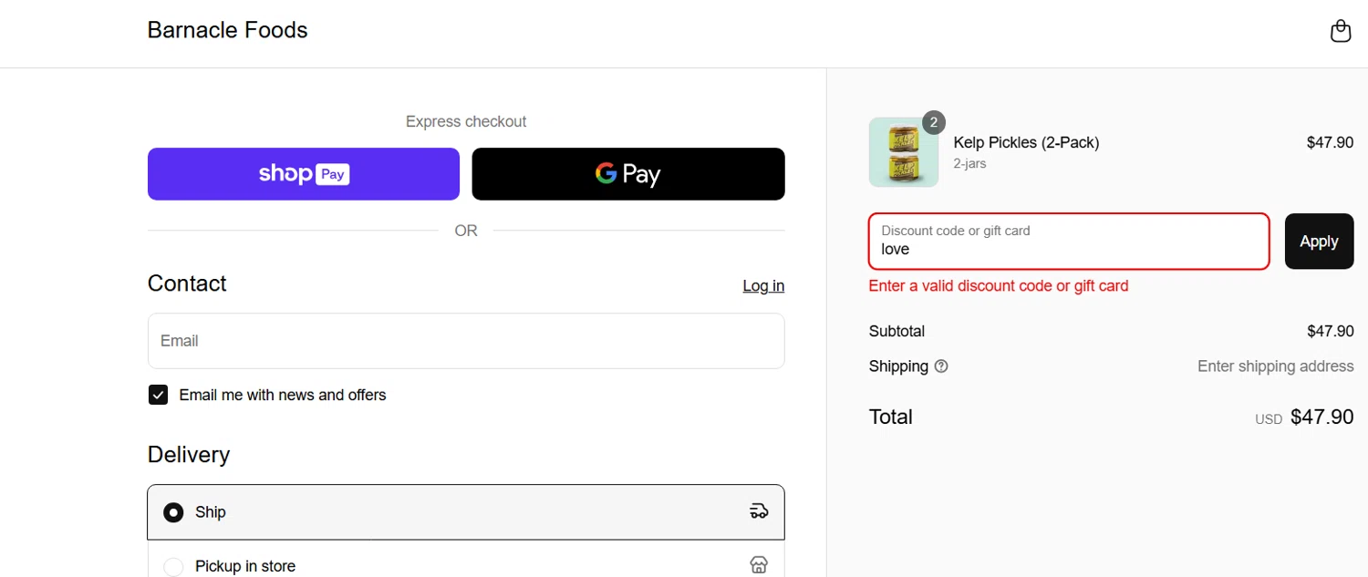 Barnacle Foods discount code screenshot showing code love applied at Barnacle Foods checkout page. Uploaded by SimplyCodes community member Draken on Mar 15, 2025