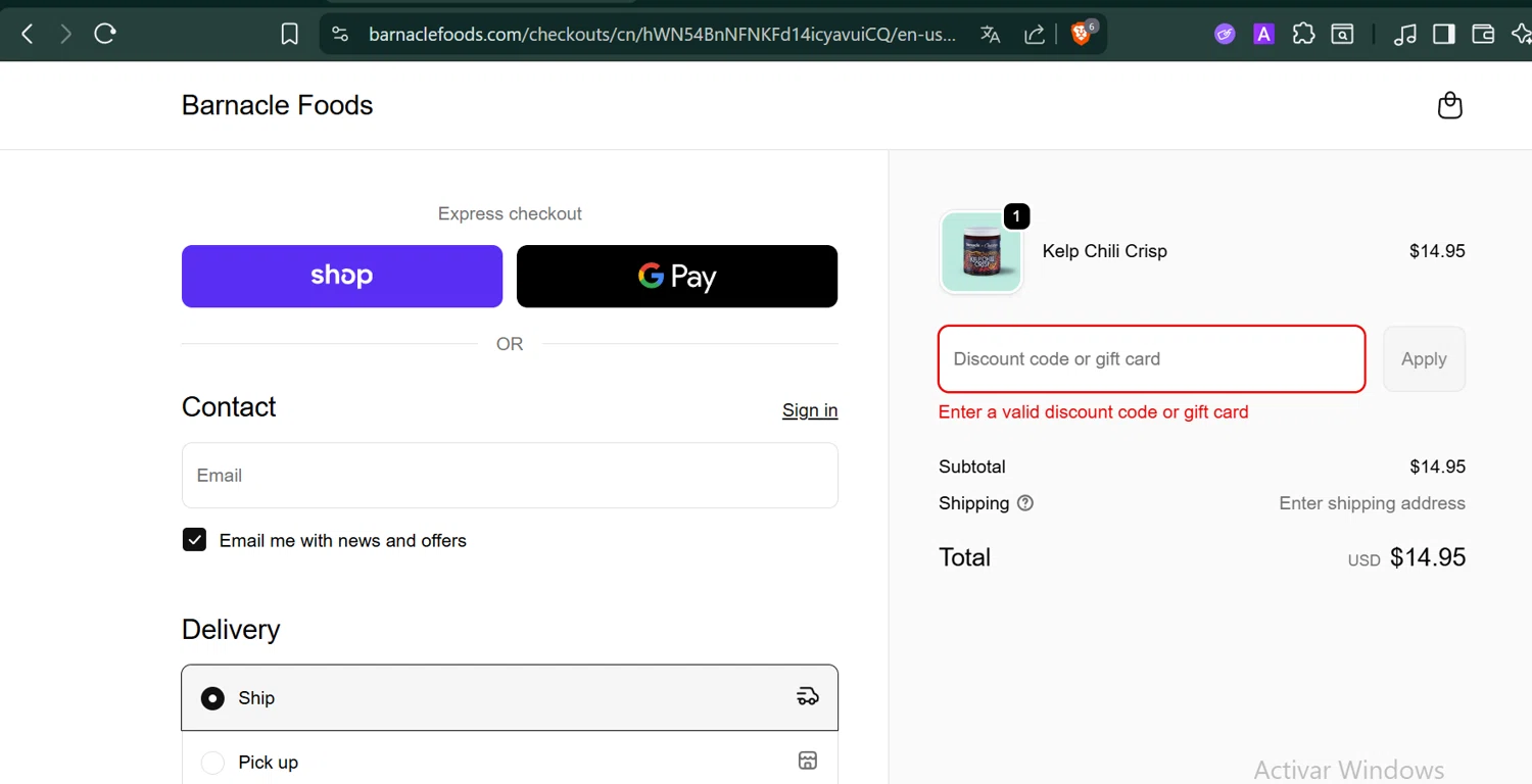 Barnacle Foods discount code screenshot showing code AUTUMN20 applied at Barnacle Foods checkout page. Uploaded by SimplyCodes community member PennyCaptain4684 on Nov 8, 2025