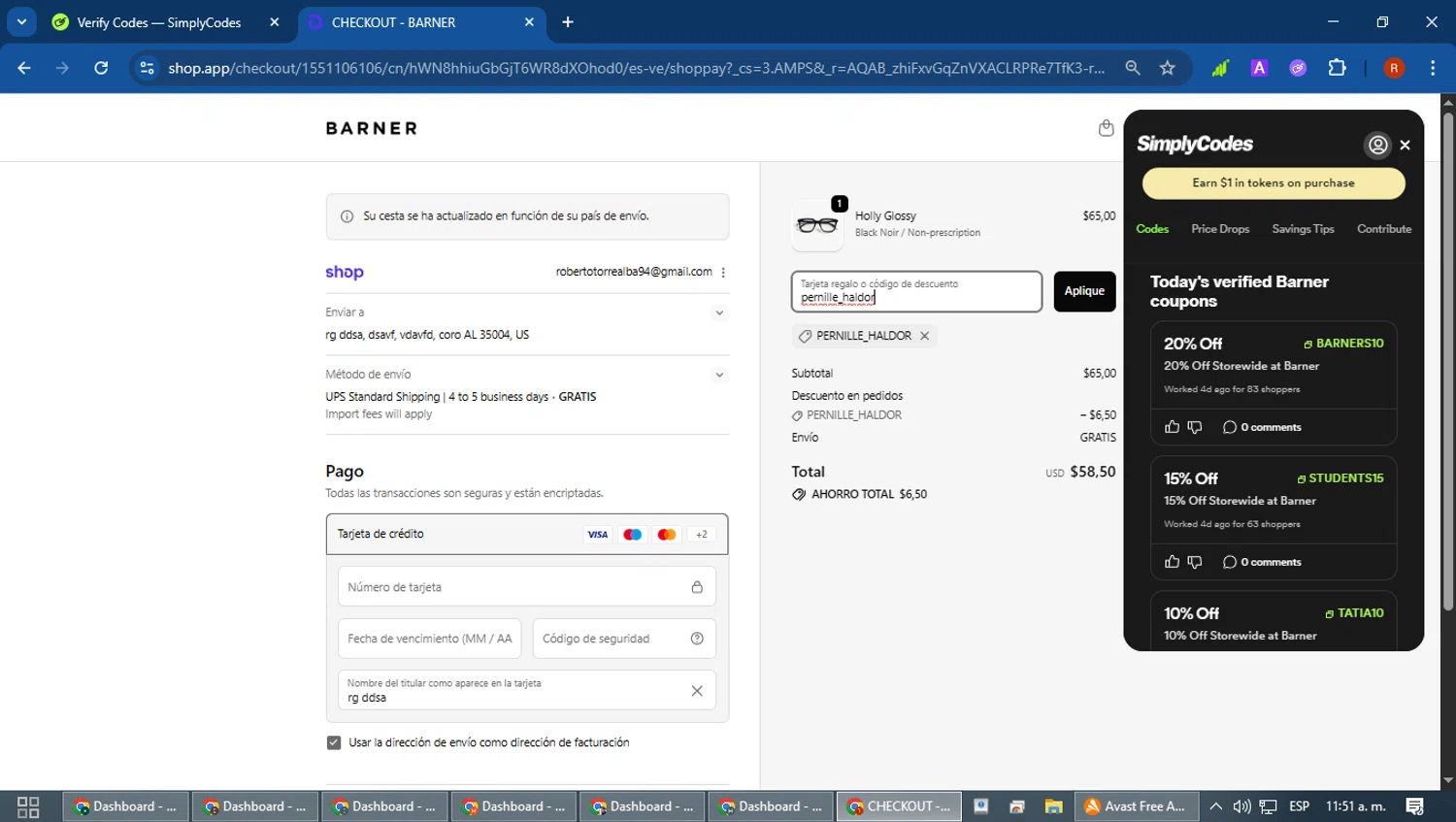 Barner promo code screenshot showing code pernille_haldor applied at Barner checkout page. Uploaded by SimplyCodes community member robertotorrealba on Feb 12, 2026
