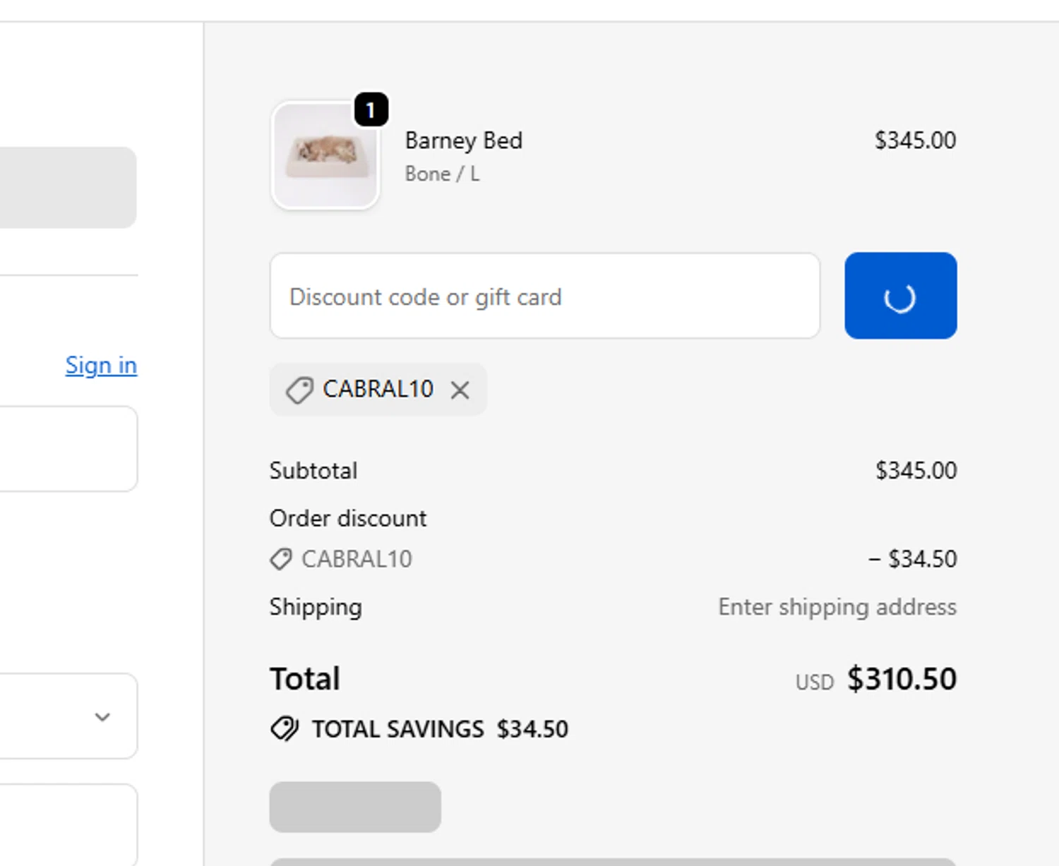 Barney Bed US promo code screenshot showing code CABRAL10 applied at Barney Bed US checkout page. Uploaded by SimplyCodes community member ITSO1676764508225 on Oct 14, 2025