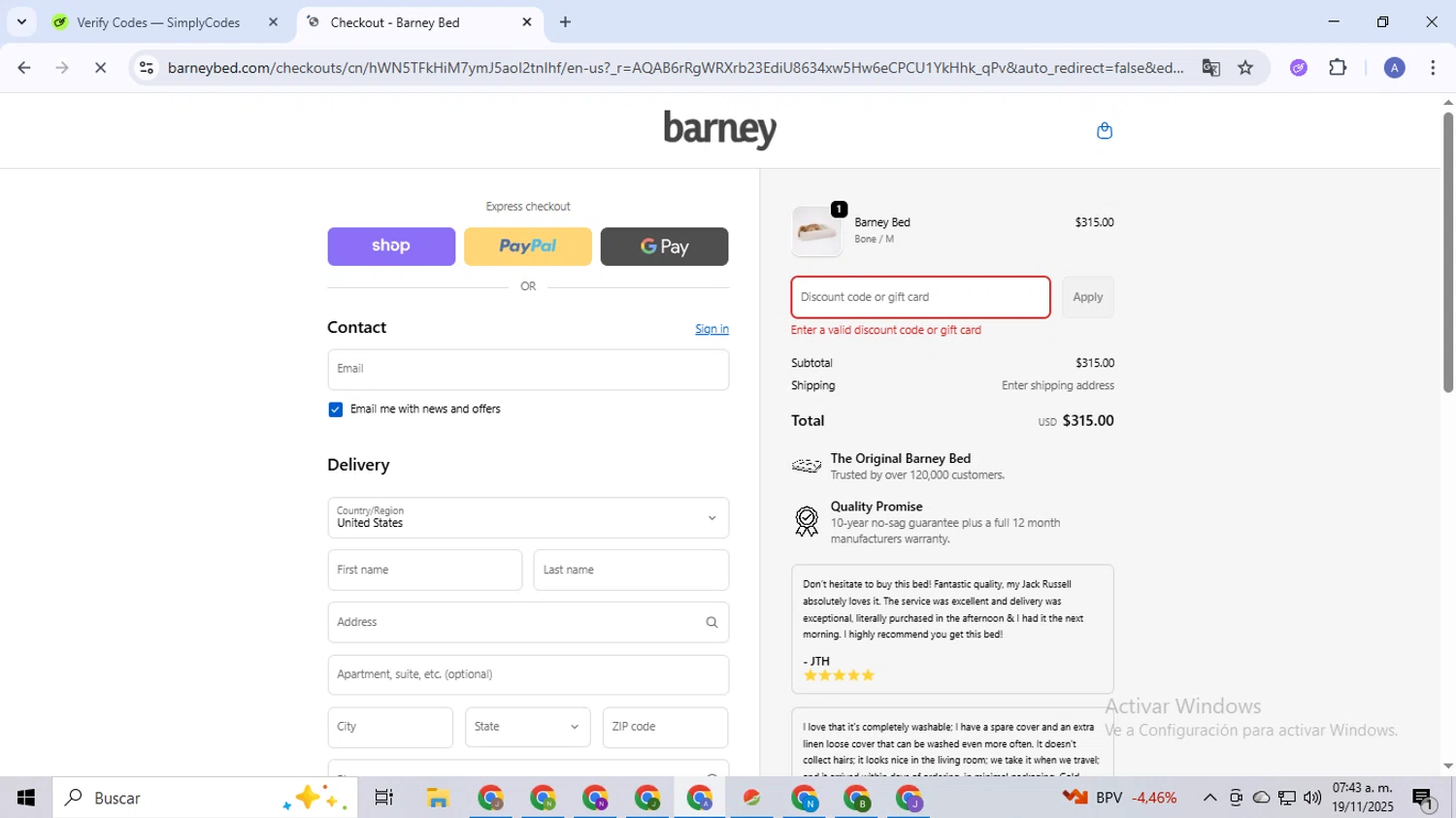 Barney Bed US promo code screenshot showing code CABRAL10 applied at Barney Bed US checkout page. Uploaded by SimplyCodes community member TreasureCaptain5531 on Nov 19, 2025