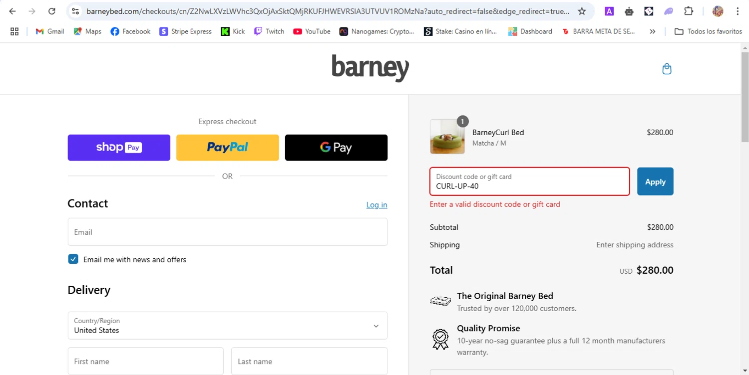 Barney Bed US promo code screenshot showing code CURL-UP-40 applied at Barney Bed US checkout page. Uploaded by SimplyCodes community member ronaldhernandez on Feb 9, 2025