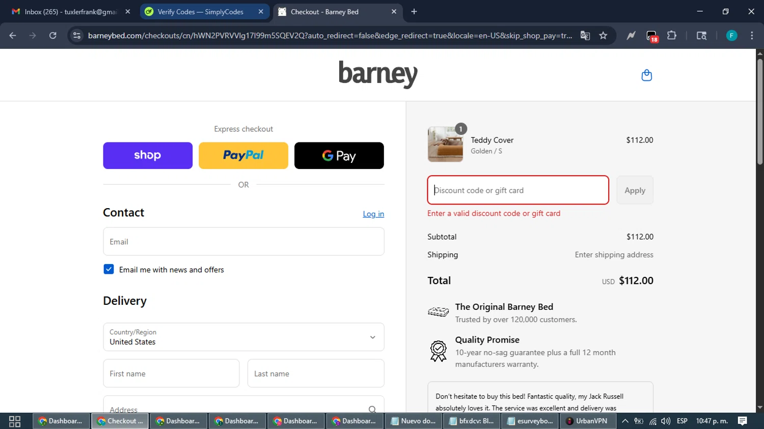 Barney Bed US promo code screenshot showing code BARNEYINTRO15 applied at Barney Bed US checkout page. Uploaded by SimplyCodes community member ShrewdTitan3233 on Aug 30, 2025