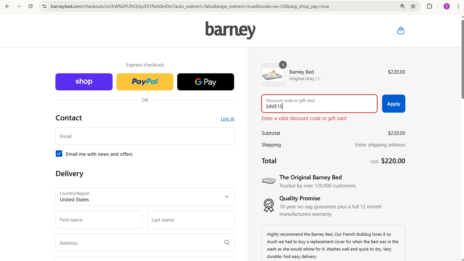 Barney Bed US promo code screenshot showing code SAVE15 applied at Barney Bed US checkout page. Uploaded by SimplyCodes community member sakisaki on Aug 30, 2025