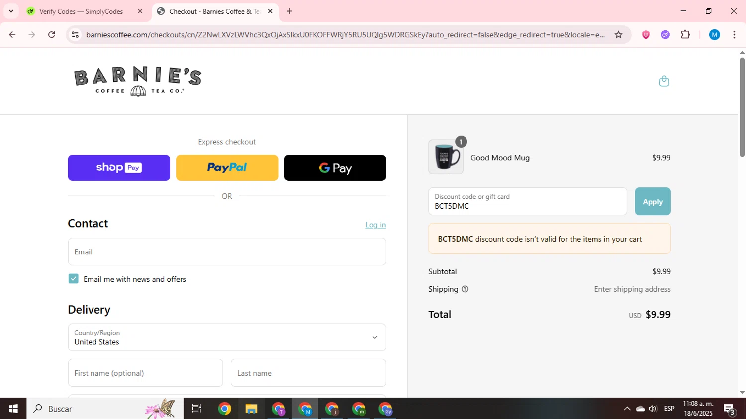 Barnie's Coffee & Tea promo code screenshot showing code BCT5DMC applied at Barnie's Coffee & Tea checkout page. Uploaded by SimplyCodes community member LegendaryCurator1585 on Jun 18, 2025