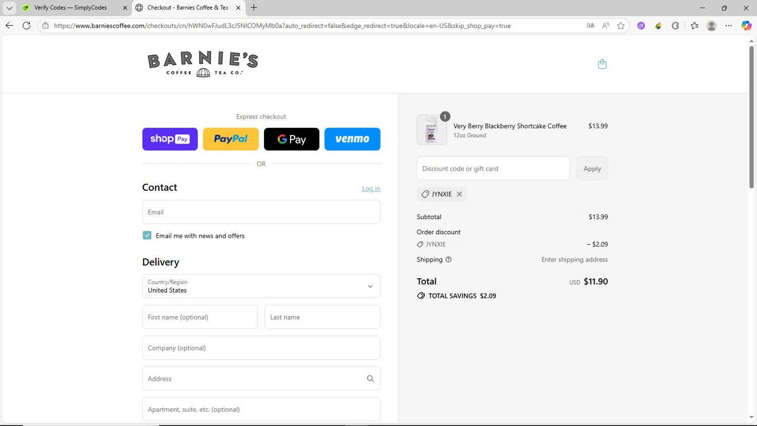 Barnie's Coffee & Tea promo code screenshot showing code JYNXIE applied at Barnie's Coffee & Tea checkout page. Uploaded by SimplyCodes community member CrownShopper2899 on Jul 23, 2025