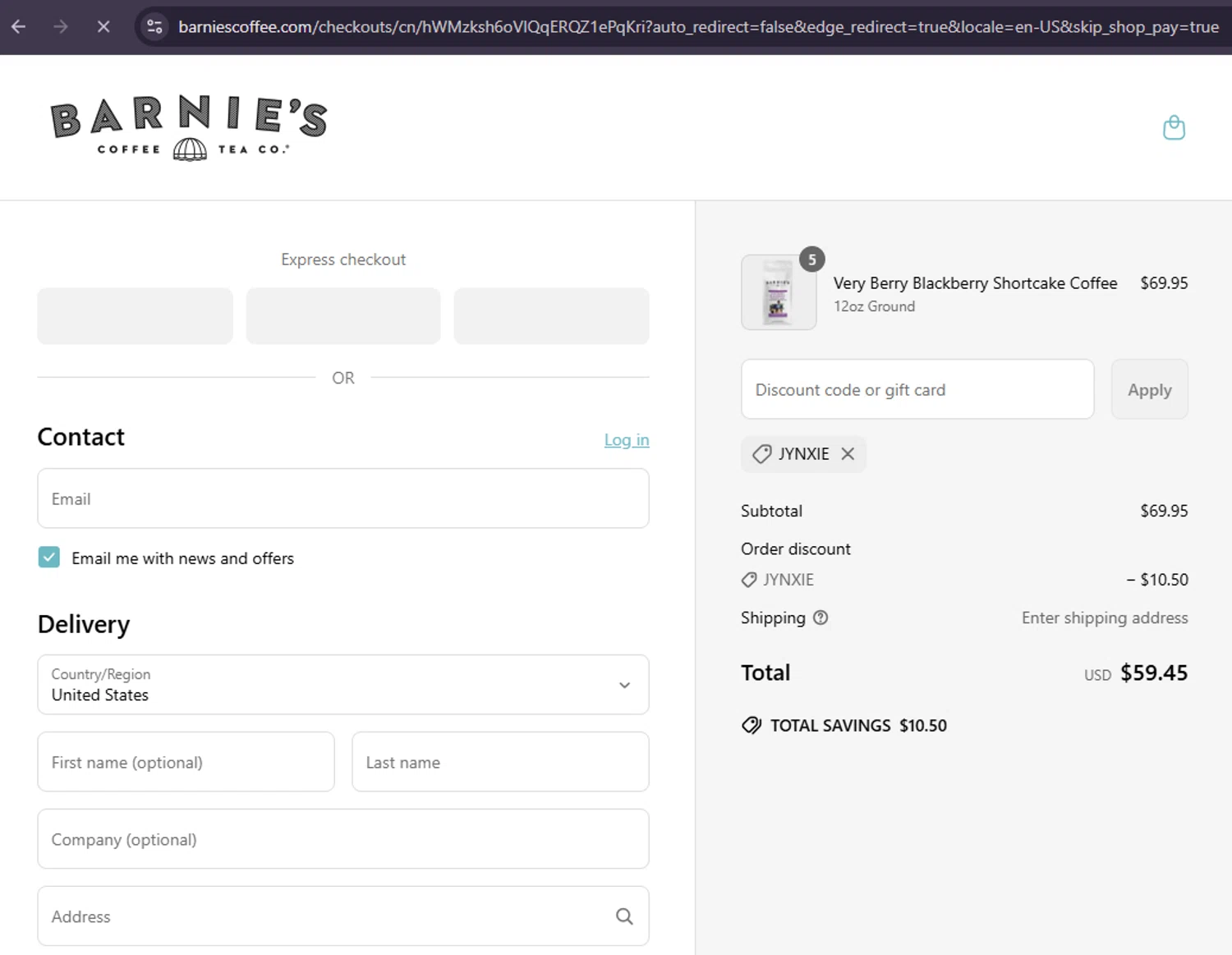 Barnie's Coffee & Tea promo code screenshot showing code JYNXIE applied at Barnie's Coffee & Tea checkout page. Uploaded by SimplyCodes community member MoneySage8222 on Jun 21, 2025
