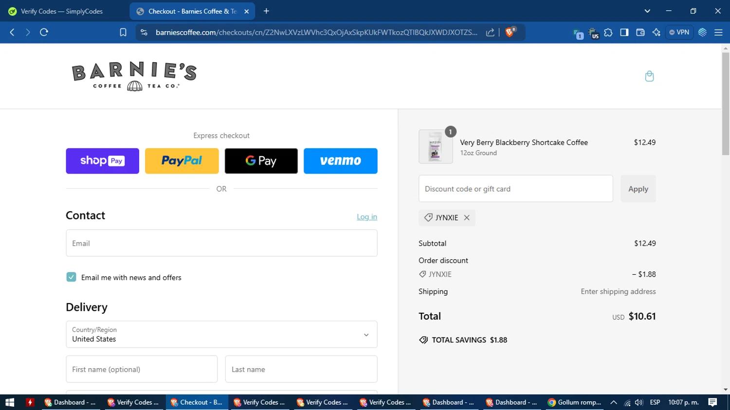 Barnie's Coffee & Tea promo code screenshot showing code JYNXIE applied at Barnie's Coffee & Tea checkout page. Uploaded by SimplyCodes community member MagnificentVoyager2830 on Jan 27, 2025
