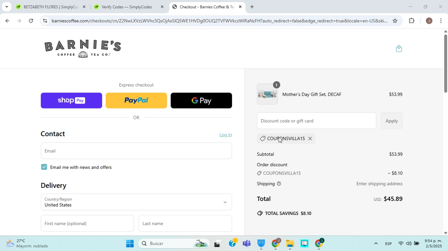 Barnie's Coffee & Tea promo code screenshot showing code COUPONSVILLA15 applied at Barnie's Coffee & Tea checkout page. Uploaded by SimplyCodes community member ABHF23 on May 3, 2025