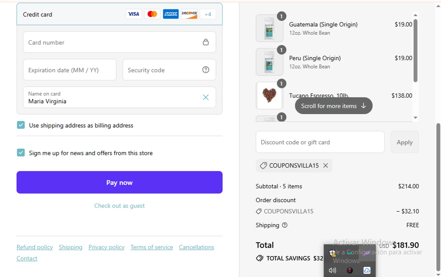 Barnie's Coffee & Tea promo code screenshot showing code COUPONSVILLA15 applied at Barnie's Coffee & Tea checkout page. Uploaded by SimplyCodes community member SavingsCollector2592 on Aug 12, 2025