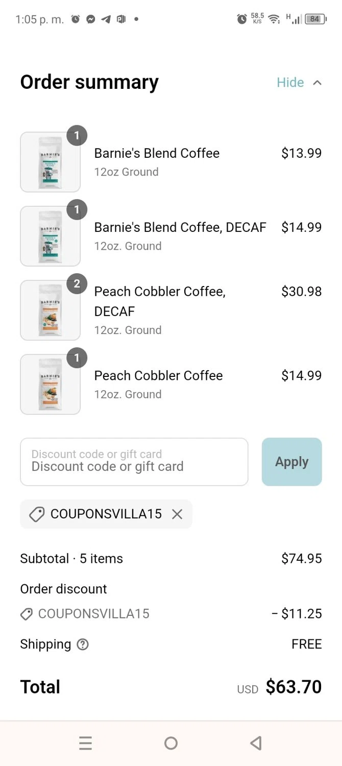 Barnie's Coffee & Tea promo code screenshot showing code COUPONSVILLA15 applied at Barnie's Coffee & Tea checkout page. Uploaded by SimplyCodes community member coromotopalmar on Apr 25, 2025