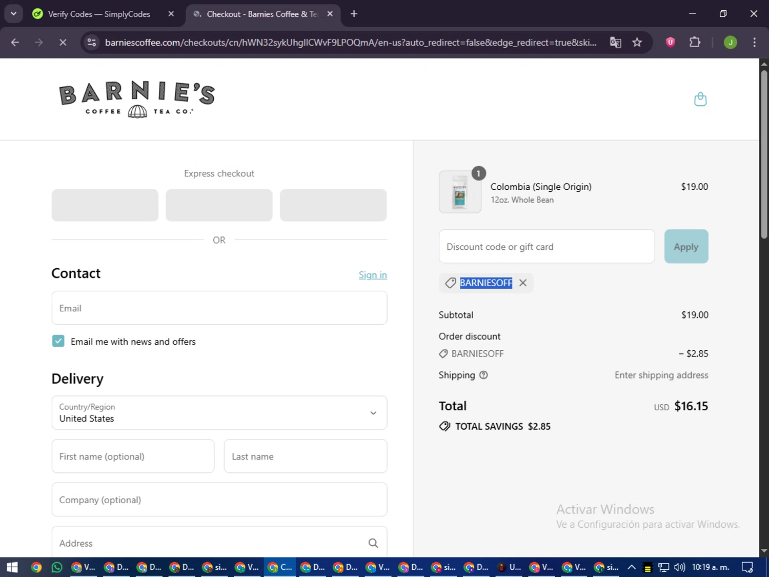 Barnie's Coffee & Tea promo code screenshot showing code BARNIESOFF applied at Barnie's Coffee & Tea checkout page. Uploaded by SimplyCodes community member LilBaby on Sep 16, 2025