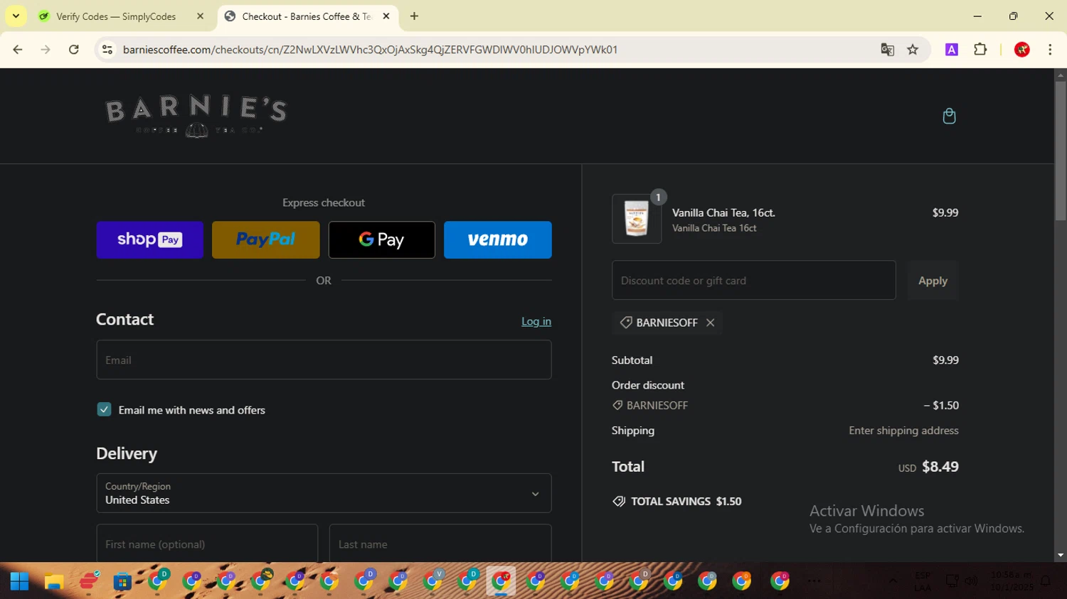 Barnie's Coffee & Tea promo code screenshot showing code BARNIESOFF applied at Barnie's Coffee & Tea checkout page. Uploaded by SimplyCodes community member ShrewdCaptain2457 on Jan 10, 2025
