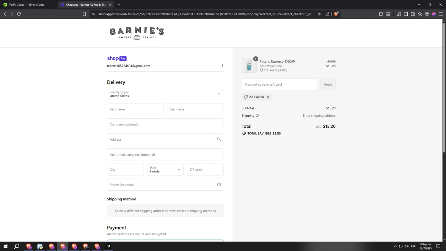 Barnie's Coffee & Tea promo code screenshot showing code 20FLAVOR applied at Barnie's Coffee & Tea checkout page. Uploaded by SimplyCodes community member sssssssssssssssssssssssss on Jul 14, 2025