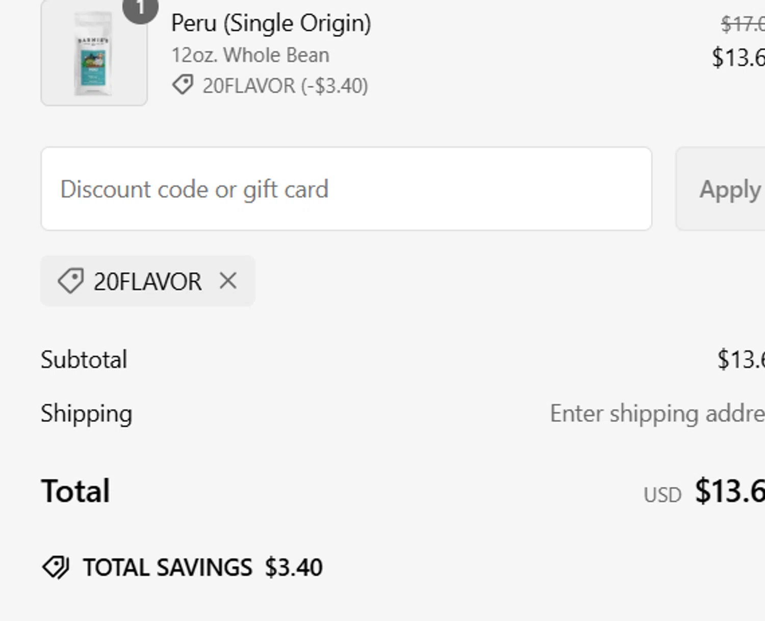 Barnie's Coffee & Tea promo code screenshot showing code 20FLAVOR applied at Barnie's Coffee & Tea checkout page. Uploaded by SimplyCodes community member EpicHawk5419 on Feb 7, 2025