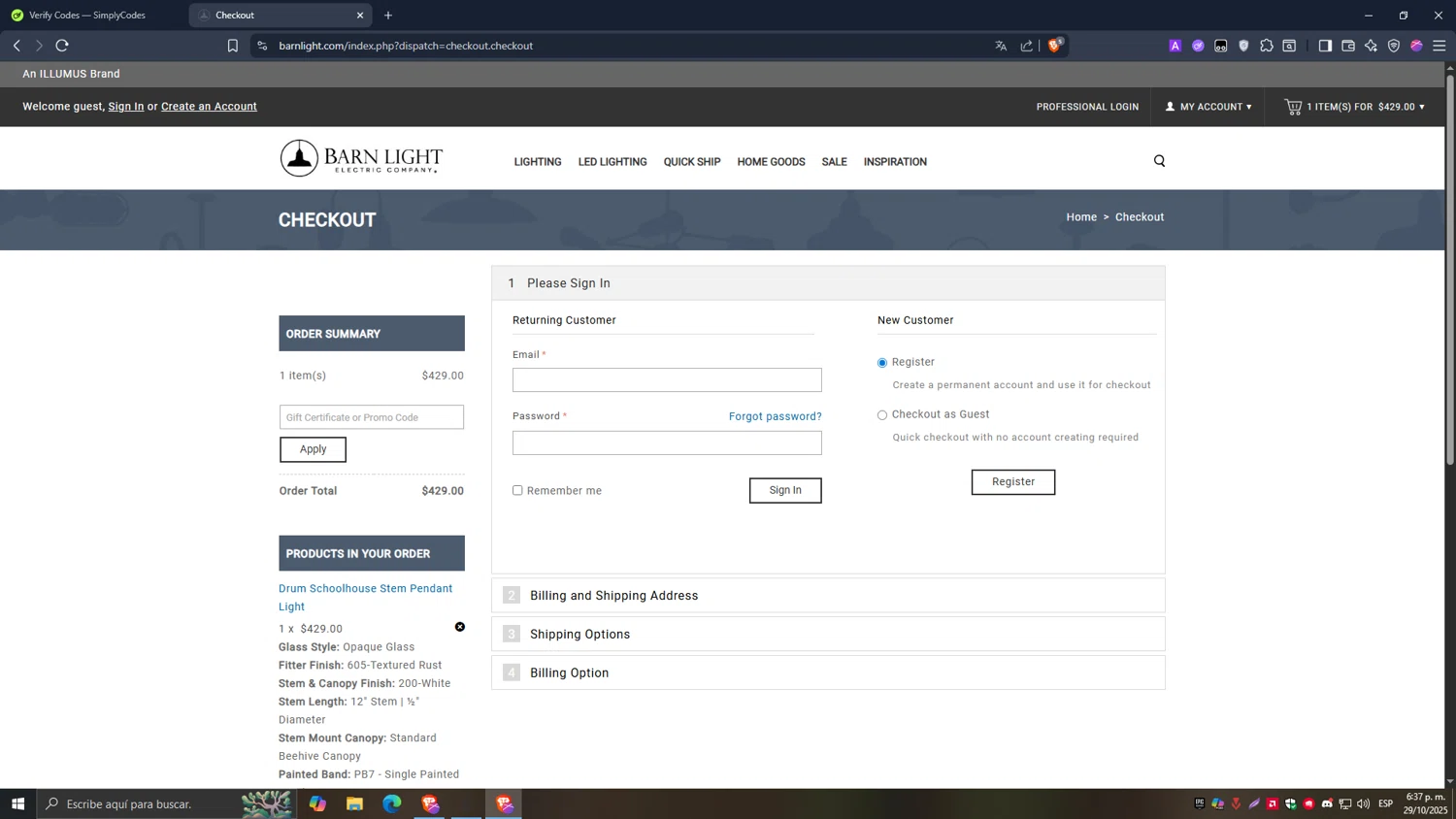 Barn Light promo code screenshot showing code HEATWAVE applied at Barn Light checkout page. Uploaded by SimplyCodes community member Carlos54 on Oct 29, 2025
