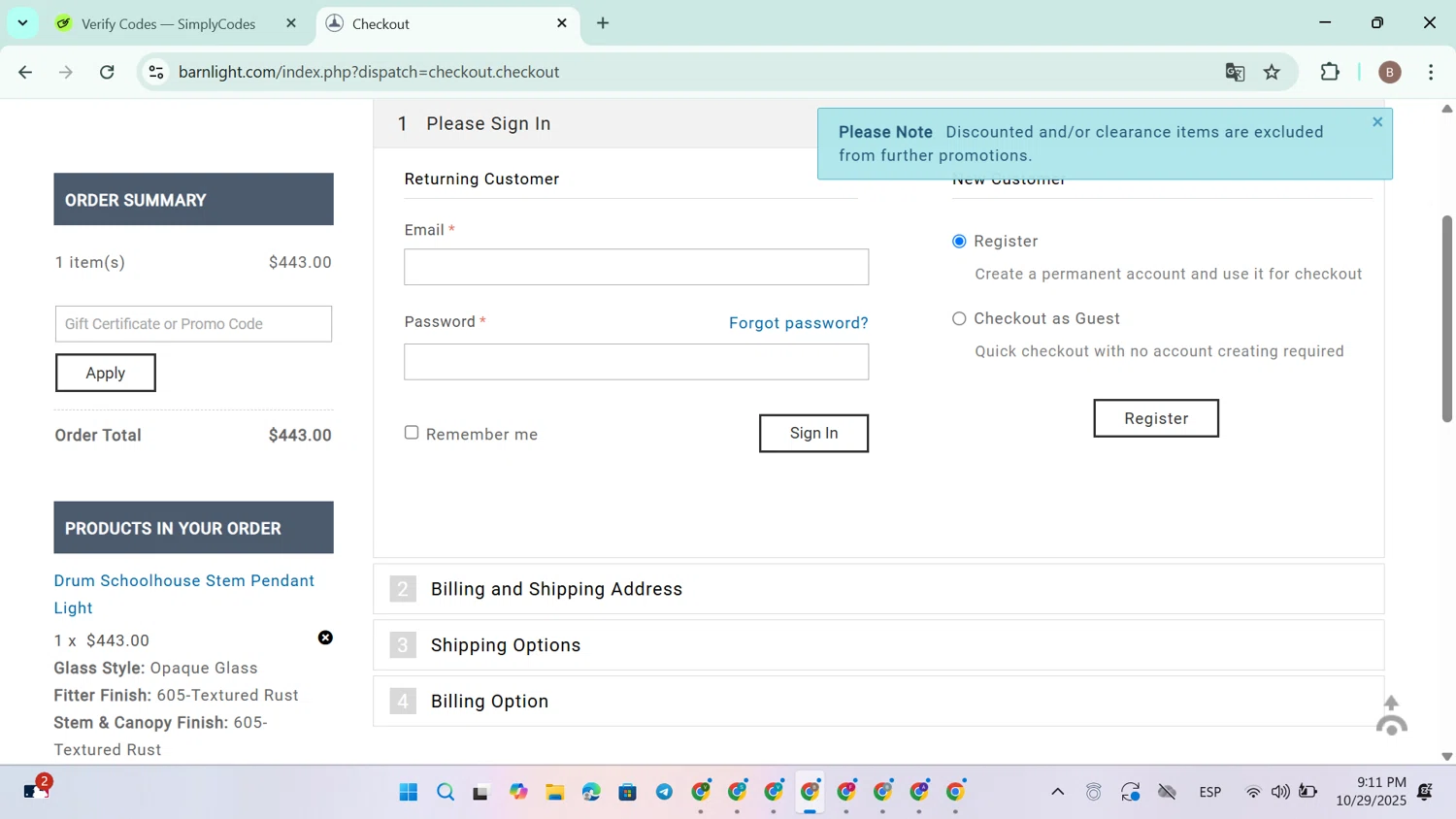 Barn Light promo code screenshot showing code HEATWAVE applied at Barn Light checkout page. Uploaded by SimplyCodes community member RoyalAdmiral5416 on Oct 30, 2025