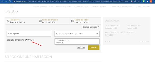 Baros Maldives checkout page showing Baros Maldives promo code box | Screenshot taken by SimplyCodes community member on Nov 22, 2021