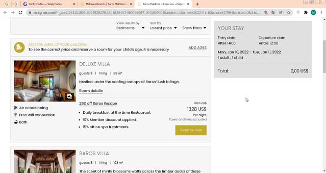 Baros Maldives checkout page showing Baros Maldives promo code box | Screenshot taken by SimplyCodes community member on Jan 10, 2022