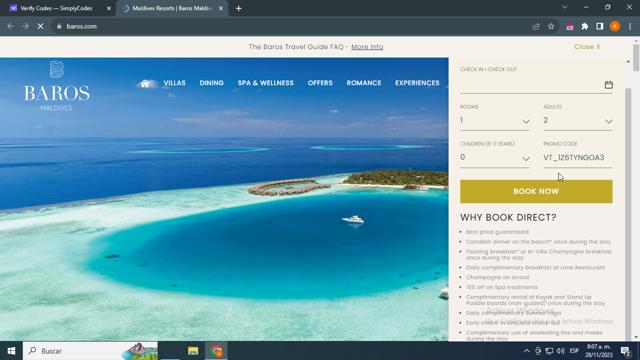 Baros Maldives checkout page showing Baros Maldives promo code box | Screenshot taken by SimplyCodes community member on Nov 28, 2023