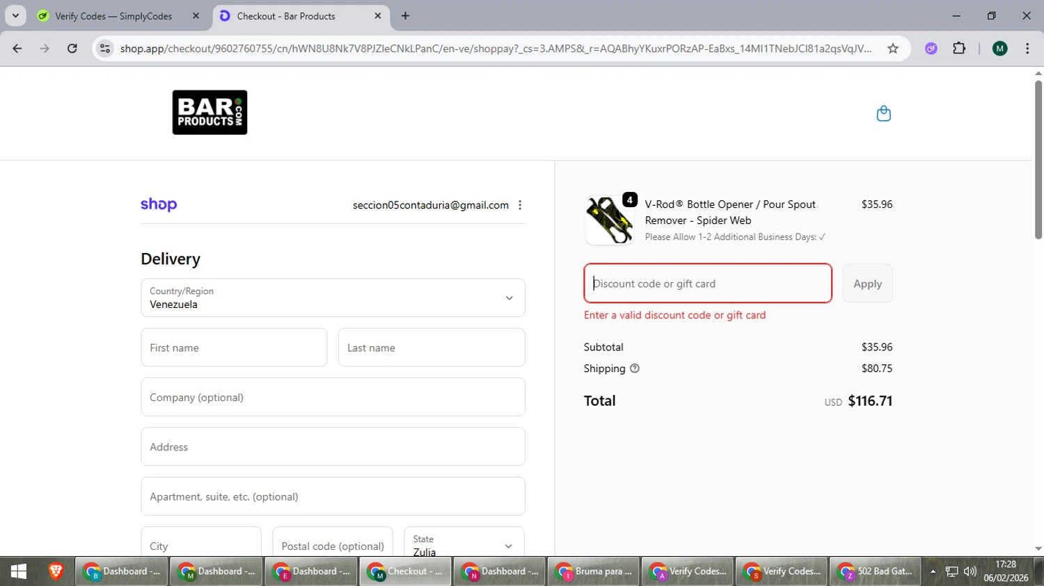 BarProducts coupon code screenshot showing code VRODAYN applied at BarProducts checkout page. Uploaded by SimplyCodes community member suieeloves on Feb 6, 2026