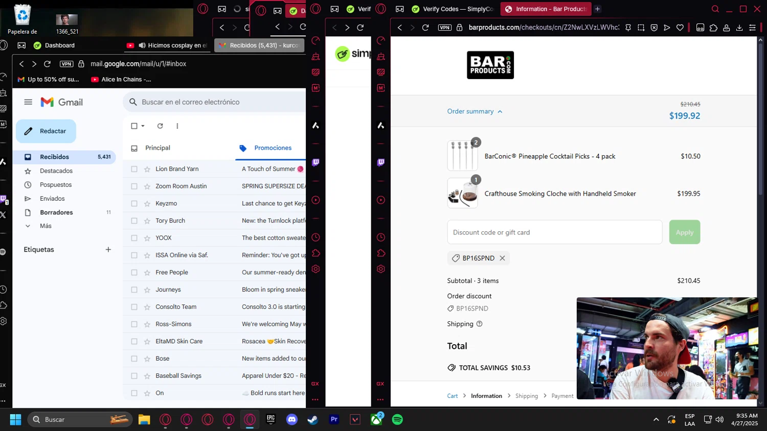 BarProducts coupon code screenshot showing code BP16SPND applied at BarProducts checkout page. Uploaded by SimplyCodes community member Handivlak on Apr 27, 2025