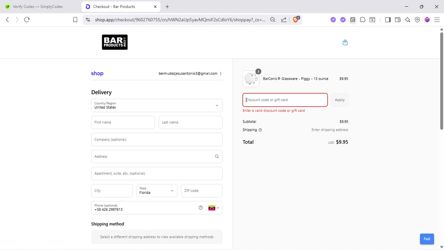 BarProducts coupon code screenshot showing code COMEBACK applied at BarProducts checkout page. Uploaded by SimplyCodes community member SapeGato on Sep 4, 2025