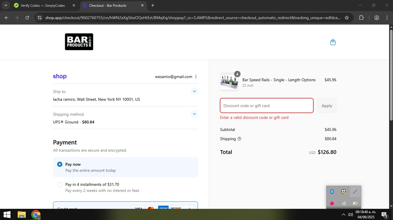 BarProducts coupon code screenshot showing code COMEBACK applied at BarProducts checkout page. Uploaded by SimplyCodes community member coder_916642691 on Sep 4, 2025