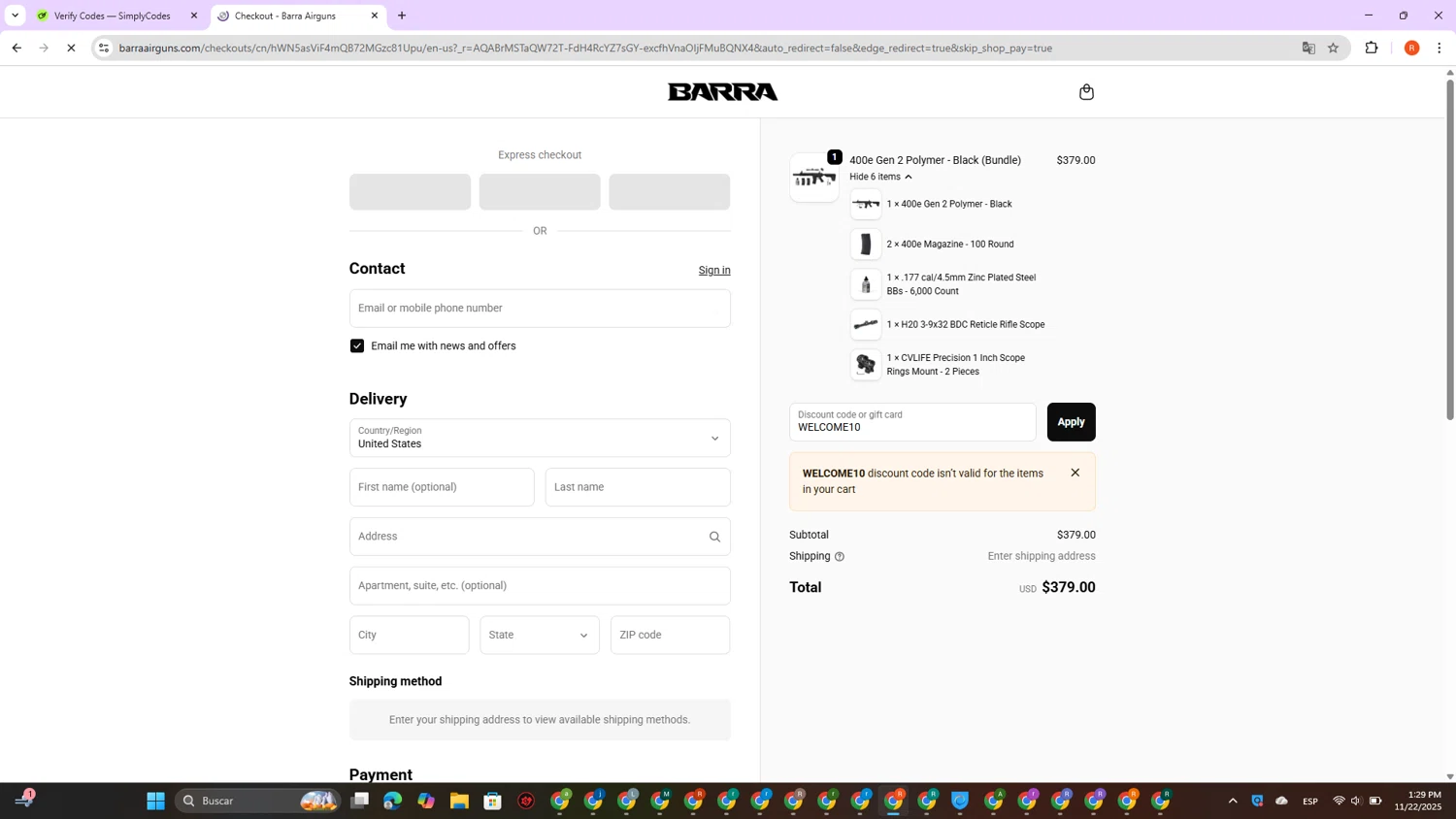 Barra Airguns promo code screenshot showing code WELCOME10 applied at Barra Airguns checkout page. Uploaded by SimplyCodes community member DealVirtuoso2241 on Nov 22, 2025