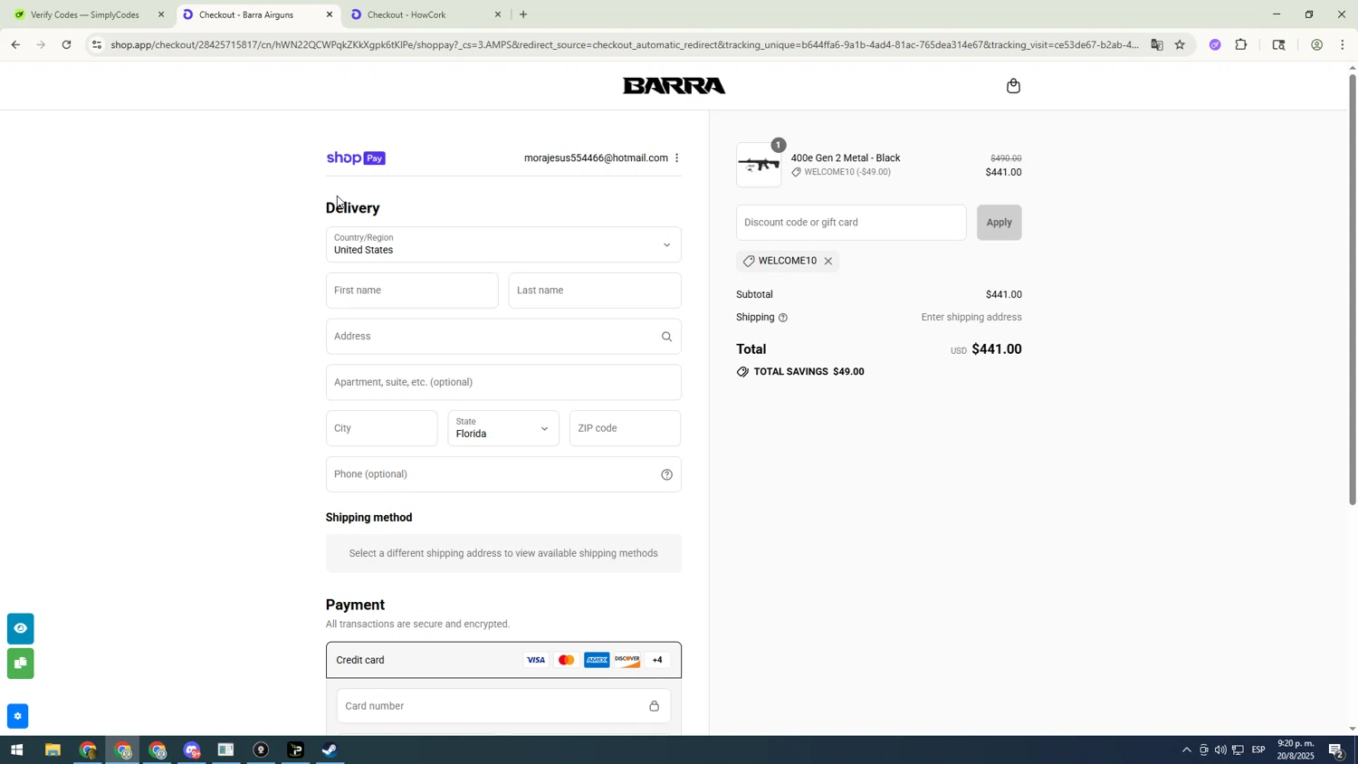 Barra Airguns promo code screenshot showing code WELCOME10 applied at Barra Airguns checkout page. Uploaded by SimplyCodes community member sfdfgdsfgdfgdfg on Aug 21, 2025