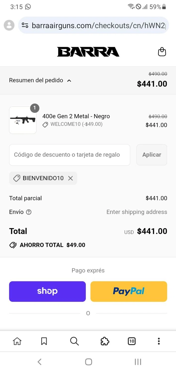 Barra Airguns promo code screenshot showing code WELCOME10 applied at Barra Airguns checkout page. Uploaded by SimplyCodes community member Menotii23 on Sep 10, 2025