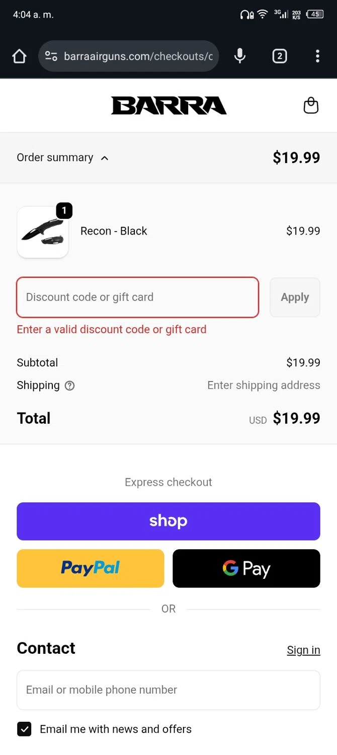 Barra Airguns promo code screenshot showing code BLACKFRIDAY applied at Barra Airguns checkout page. Uploaded by SimplyCodes community member Nickurtdale on Dec 26, 2025