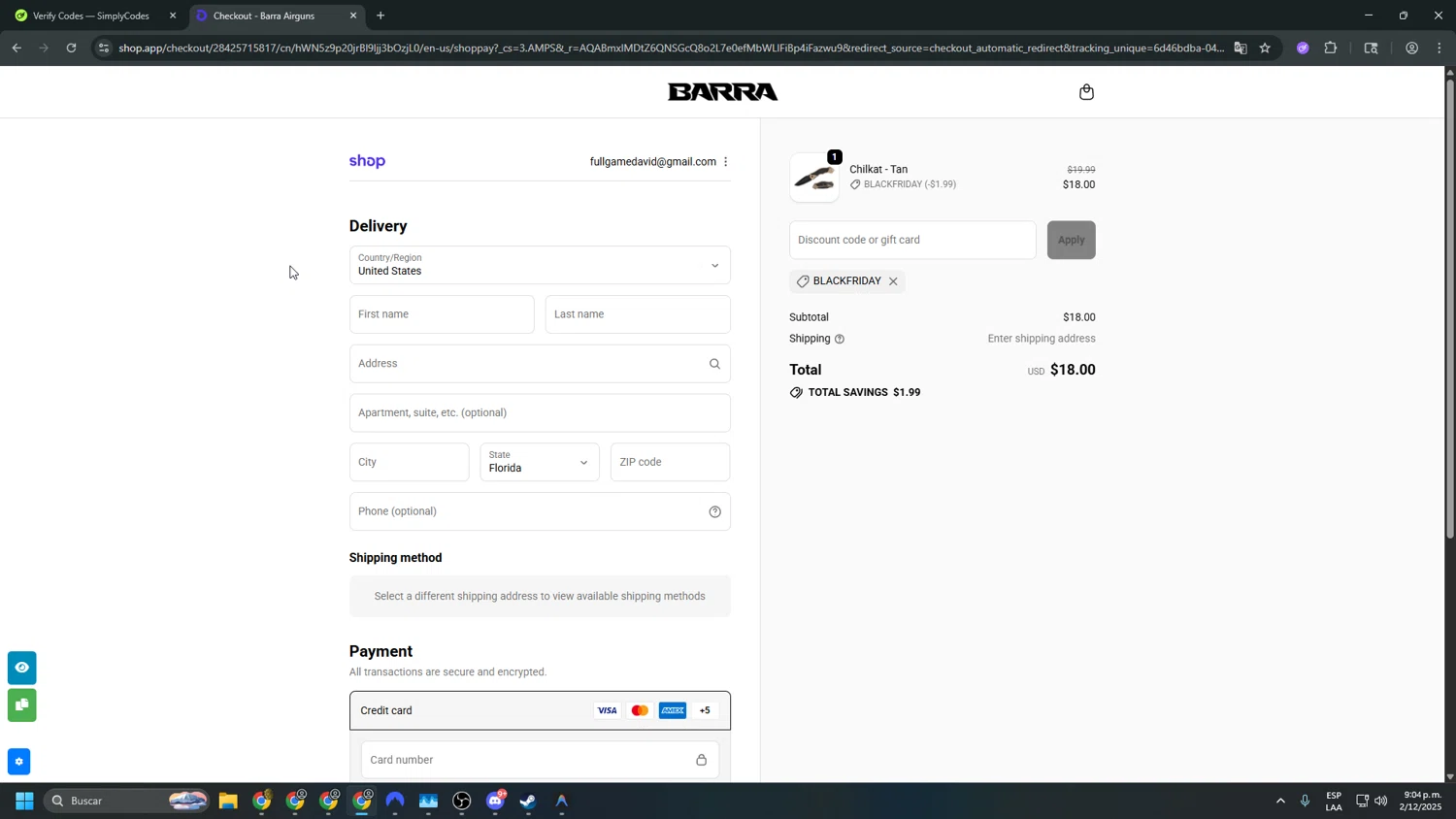Barra Airguns promo code screenshot showing code BLACKFRIDAY applied at Barra Airguns checkout page. Uploaded by SimplyCodes community member yapaguelos20lucas on Dec 3, 2025