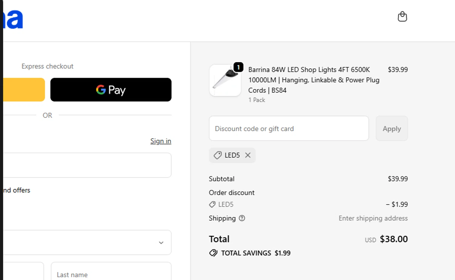 Barrina Lighting checkout page showing Barrina Lighting promo code box | Screenshot taken by SimplyCodes community member on Feb 5, 2026