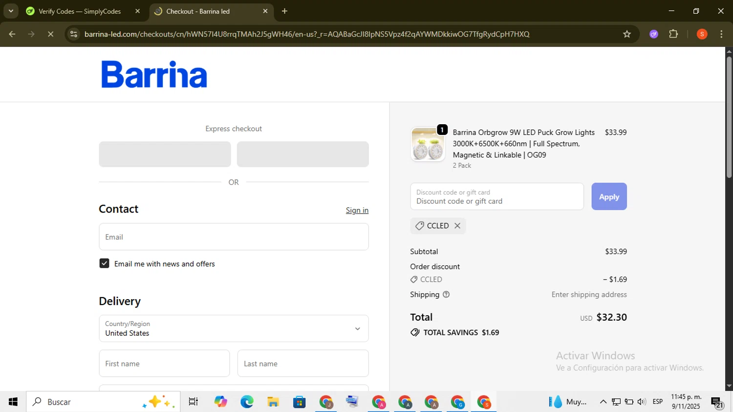 Barrina Lighting promo code screenshot showing code CCLED applied at Barrina Lighting checkout page. Uploaded by SimplyCodes community member ScanKnight8857 on Nov 10, 2025