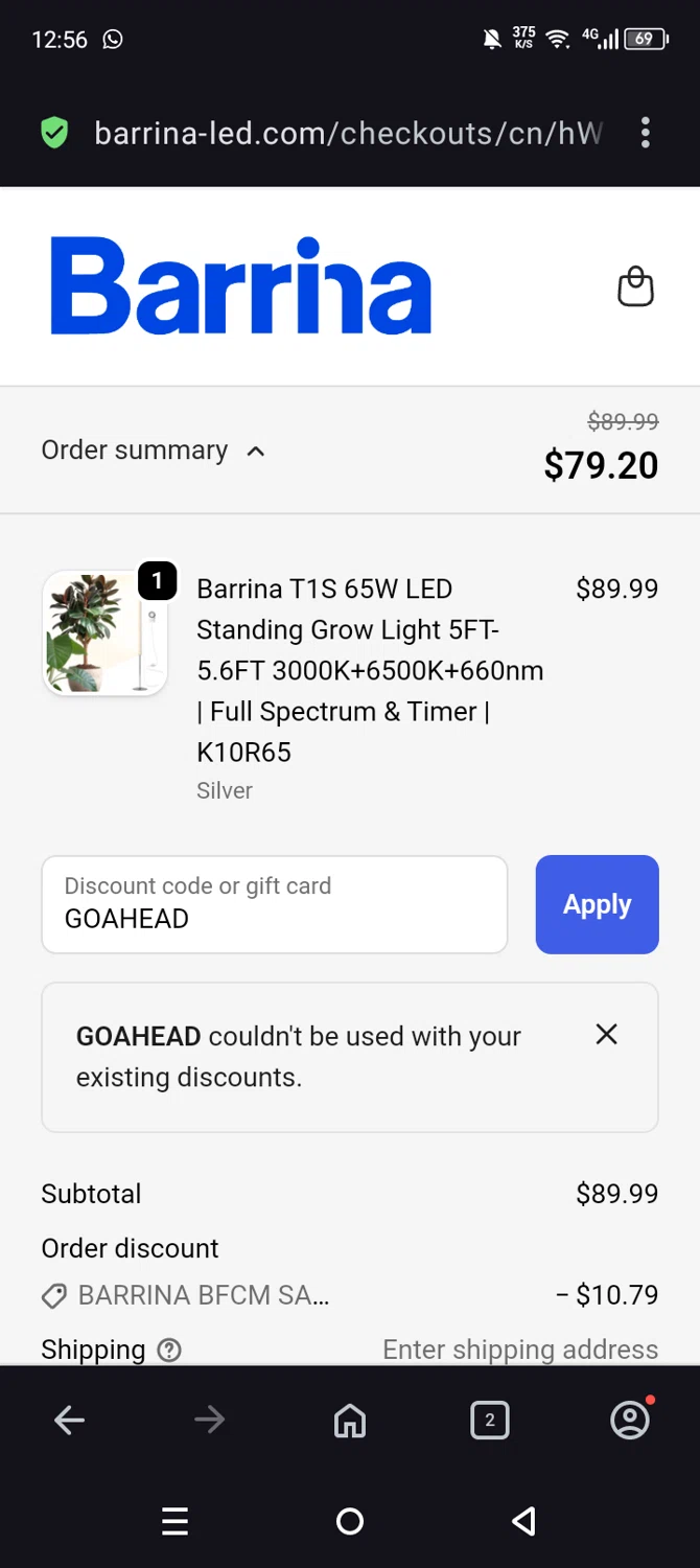 Barrina Lighting promo code screenshot showing code GOAHEAD applied at Barrina Lighting checkout page. Uploaded by SimplyCodes community member Olivatle37 on Nov 20, 2025