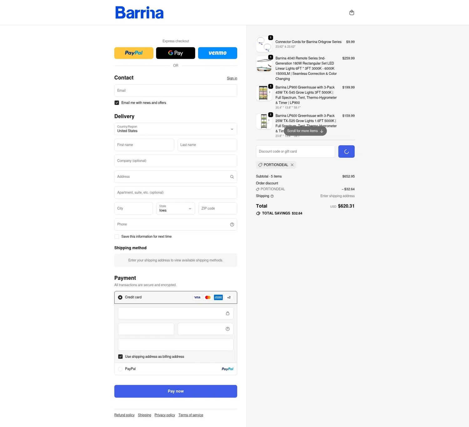 Barrina Lighting promo code screenshot showing code portiondeal applied at Barrina Lighting checkout page. Uploaded by SimplyCodes community member LOgoter on Jan 23, 2026