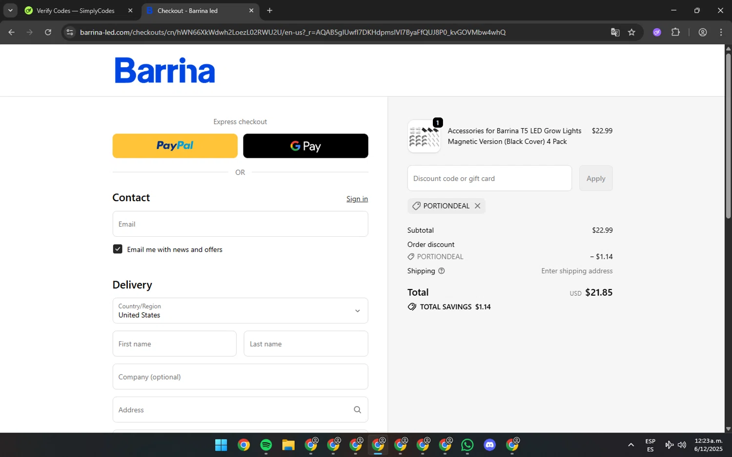 Barrina Lighting promo code screenshot showing code portiondeal applied at Barrina Lighting checkout page. Uploaded by SimplyCodes community member SilverPro4355 on Dec 6, 2025