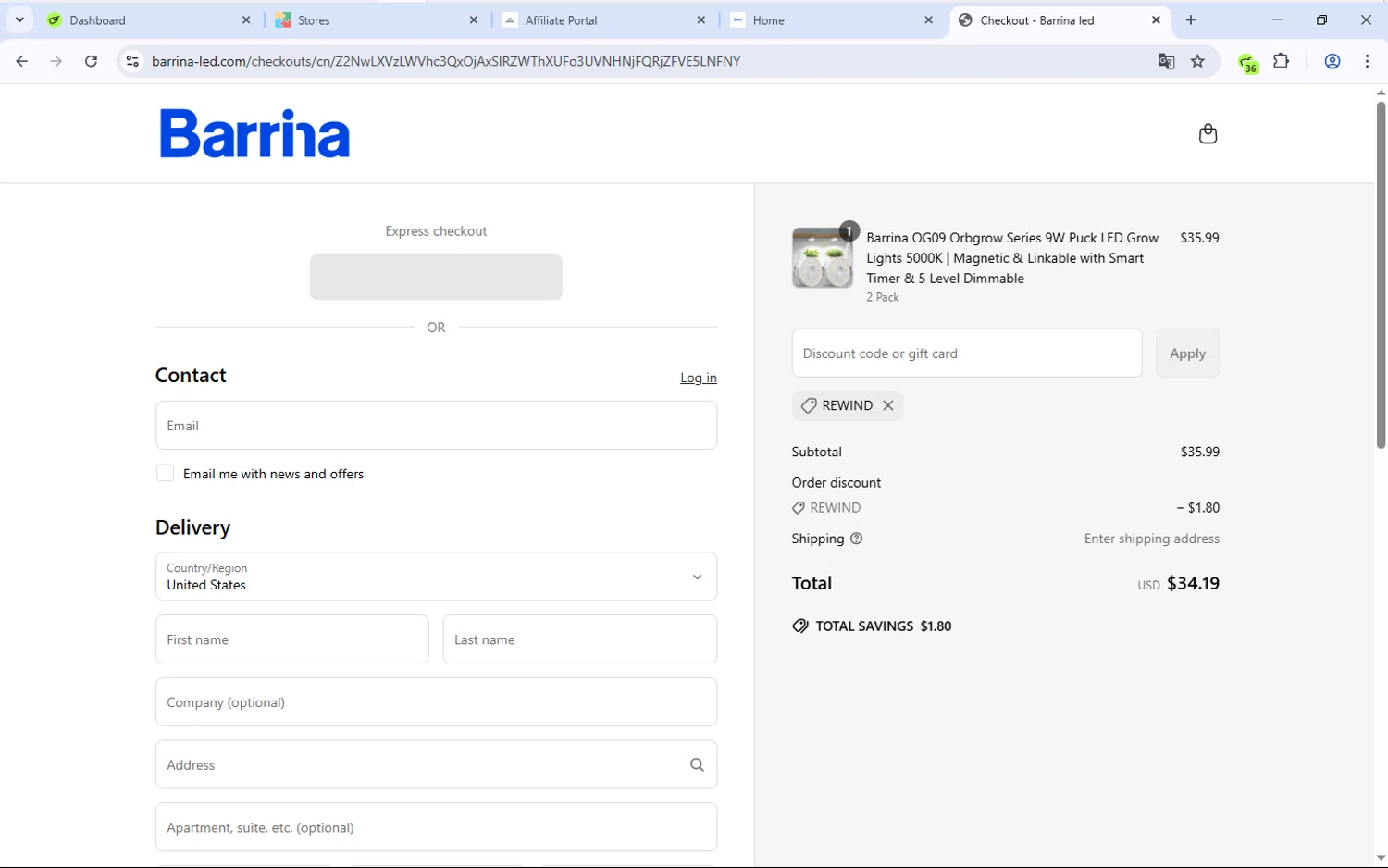 Barrina Lighting promo code screenshot showing code REWIND applied at Barrina Lighting checkout page. Uploaded by SimplyCodes community member Djmariio on Jun 10, 2025