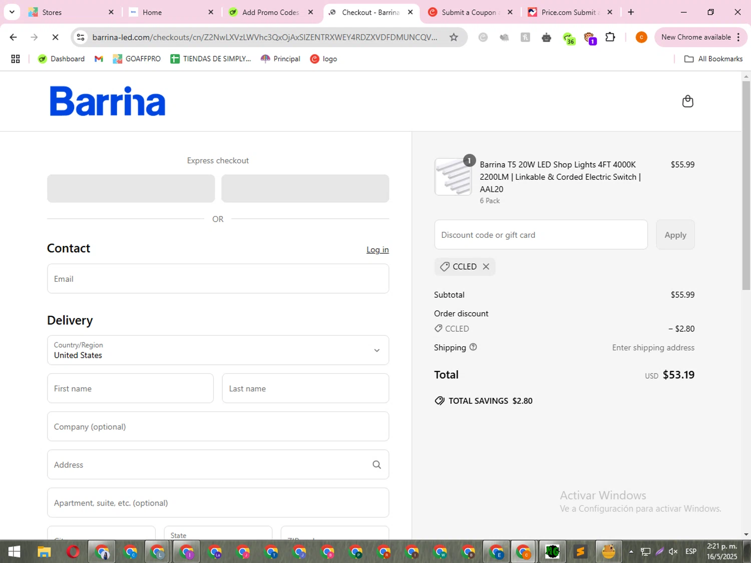 Barrina Lighting promo code screenshot showing code CCLED applied at Barrina Lighting checkout page. Uploaded by SimplyCodes community member Marie_99 on May 16, 2025