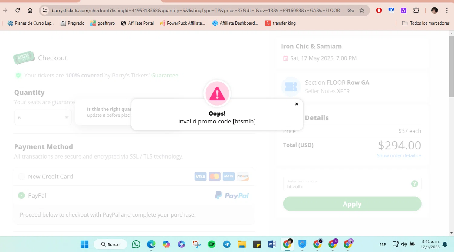 Barry's Tickets promo code screenshot showing code btsmlb applied at Barry's Tickets checkout page. Uploaded by SimplyCodes community member luisaballera on Jan 12, 2025
