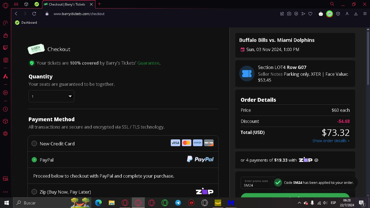 Barry's Tickets checkout page showing Barry's Tickets promo code box | Screenshot taken by SimplyCodes community member on Jul 22, 2024