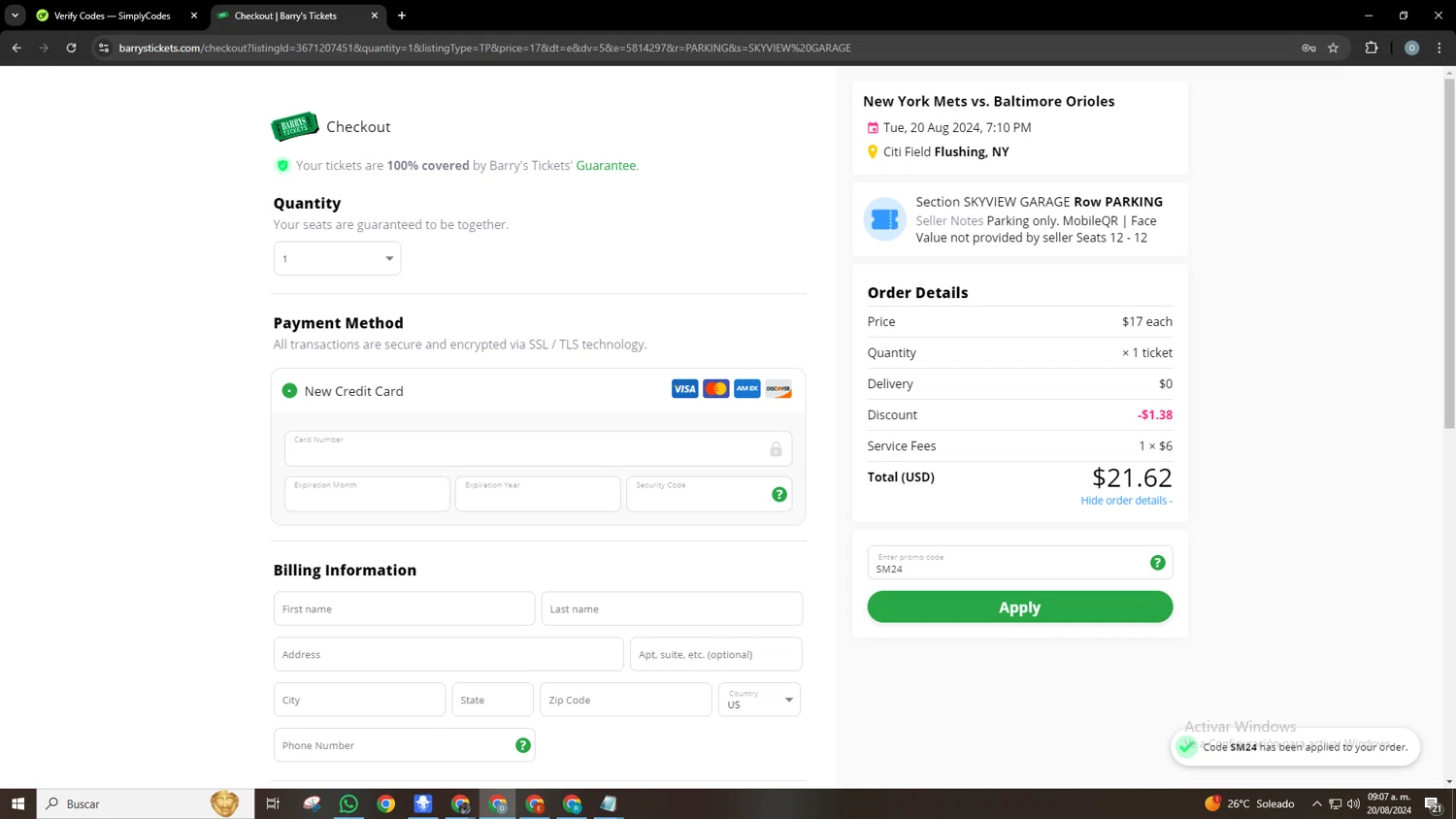 Barry's Tickets checkout page showing Barry's Tickets promo code box | Screenshot taken by SimplyCodes community member on Aug 20, 2024
