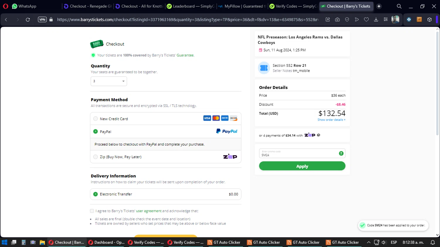 Barry's Tickets checkout page showing Barry's Tickets promo code box | Screenshot taken by SimplyCodes community member on May 25, 2024
