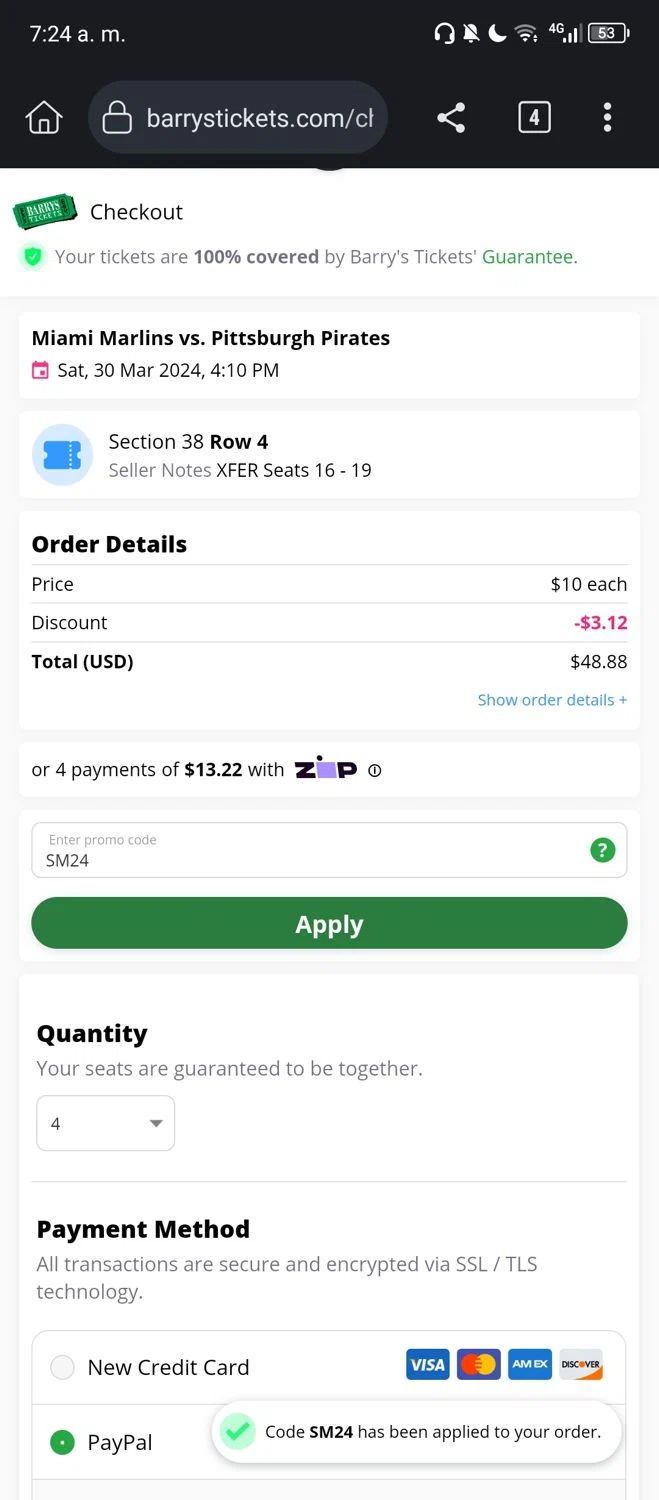 Barry's Tickets checkout page showing Barry's Tickets promo code box | Screenshot taken by SimplyCodes community member on Mar 28, 2024